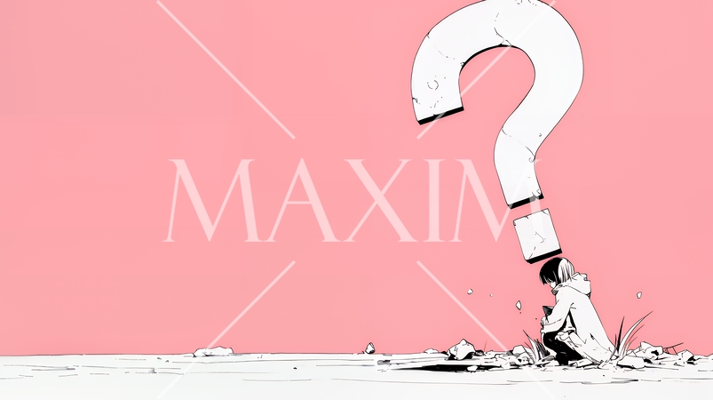 クエスチョンマークのある場面：頭の中にクエスチョンマークが生まれている（シンプルな色使い）