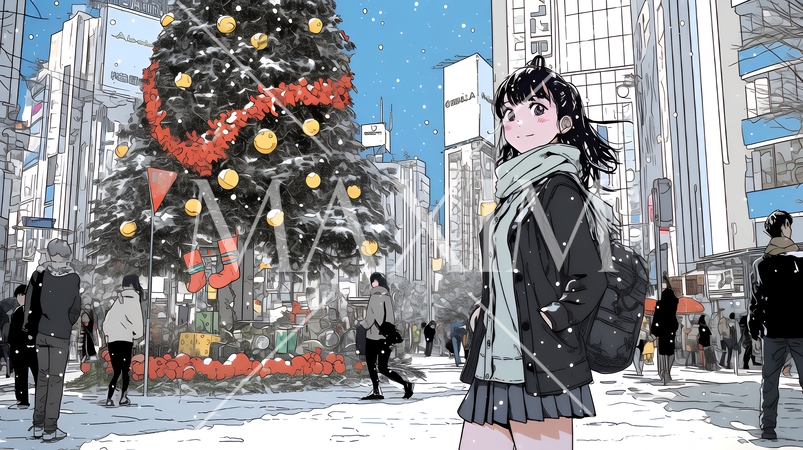 ホワイトクリスマスの街を歩く若い女性