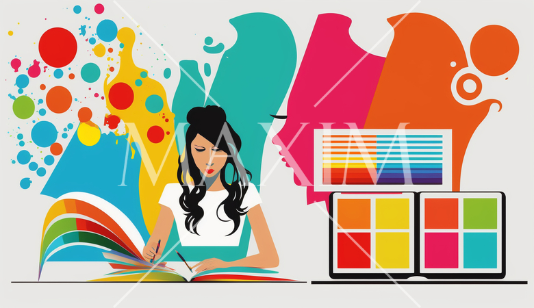 資料作成している女性：レポート、プレゼンテーション資料の作成。