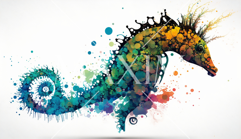 タツノオトシゴ：カラフルでサイケデリックでシュールレアリズム的な水彩画