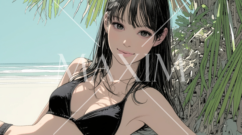 南国の海岸にビキニ姿でいる若い女性