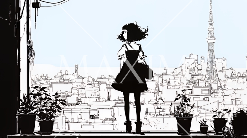 若い女性が佇む都市の街角（シンプルな色使い）