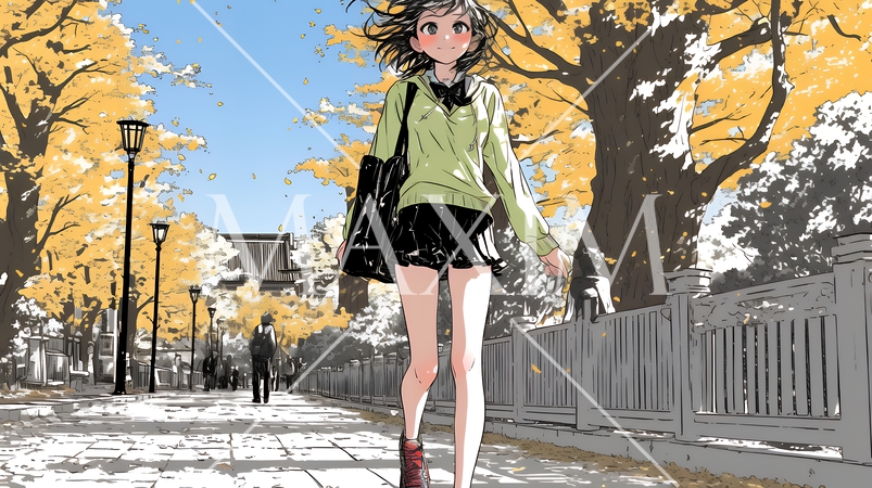 紅葉の小径を歩く若い女性