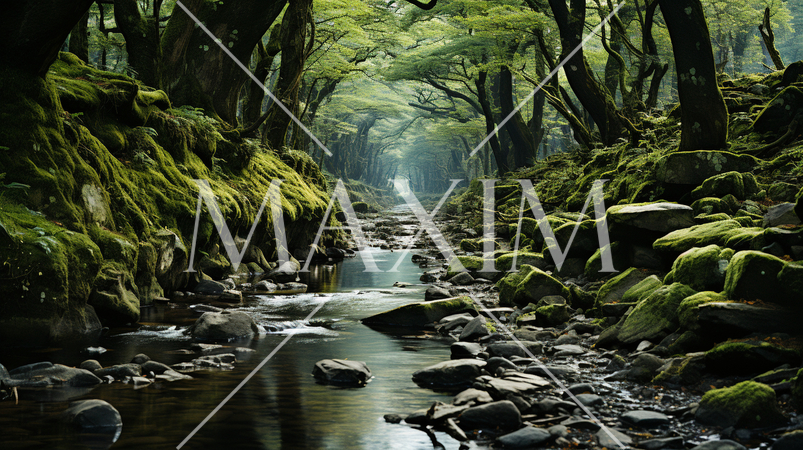 苔（コケ）がたくさん生えている小川が流れる木漏れ日の差す静かな森：精緻CG