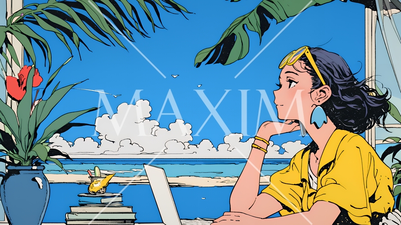 ワーケーション：休暇を楽しみながら仕事をしている女性