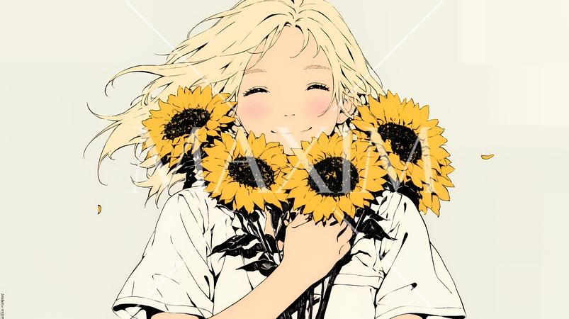 ひまわりと女性（シンプルな色使い）