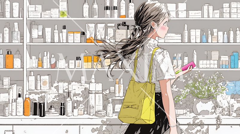 ドラッグストアでコスメを選ぶ若い女性