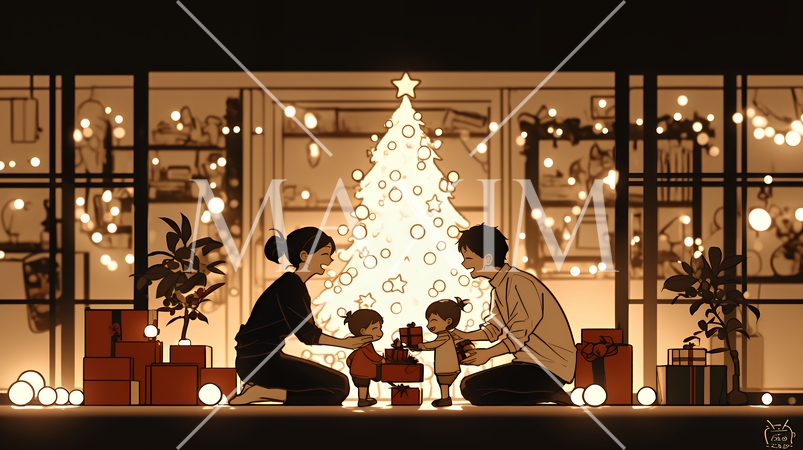 仲良し親子の楽しいクリスマス（シンプルな色使い）