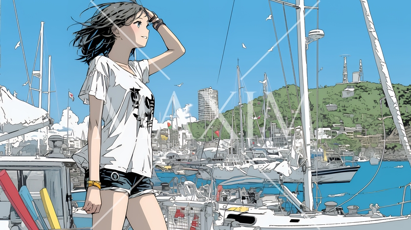 沖縄のヨットハーバーに立つ若い女性