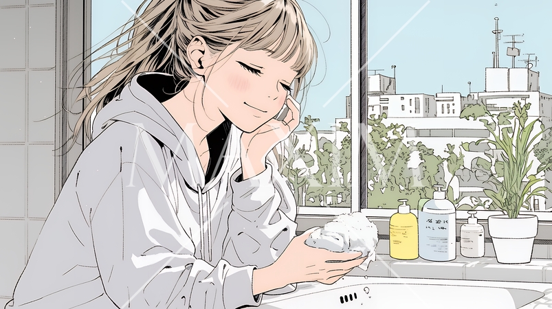 洗面所で朝の洗顔をする女性