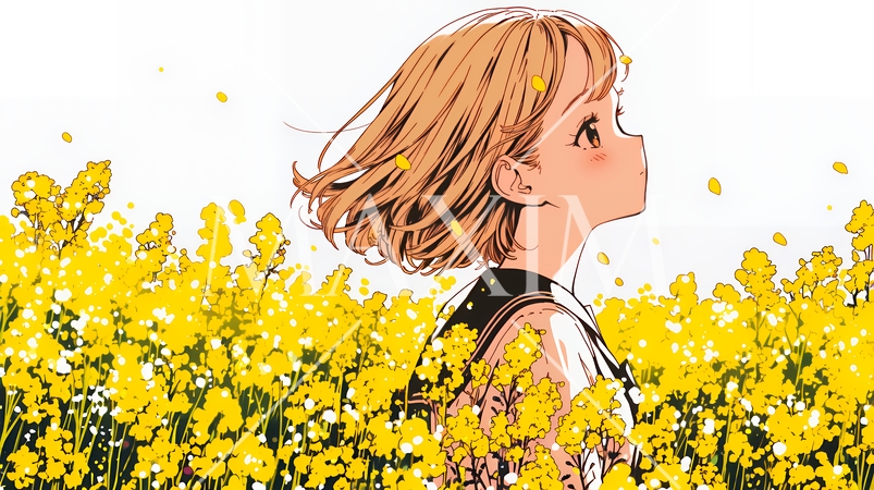 春風の中、菜の花畑にいる制服姿の女子高生