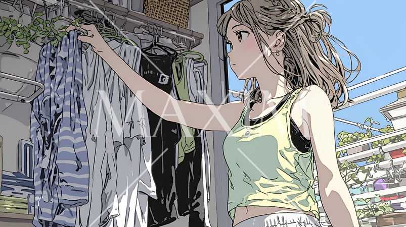 着ていく服をクローゼットから選ぶ若い女性