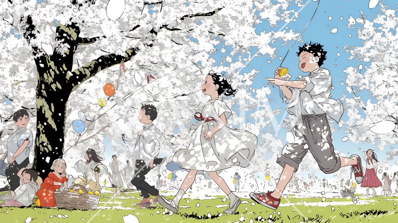 満開の桜の木の下で遊ぶ子供たち