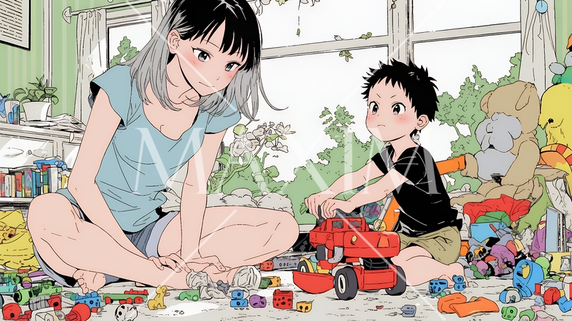 家の中で子どもと遊んでいる若い母親