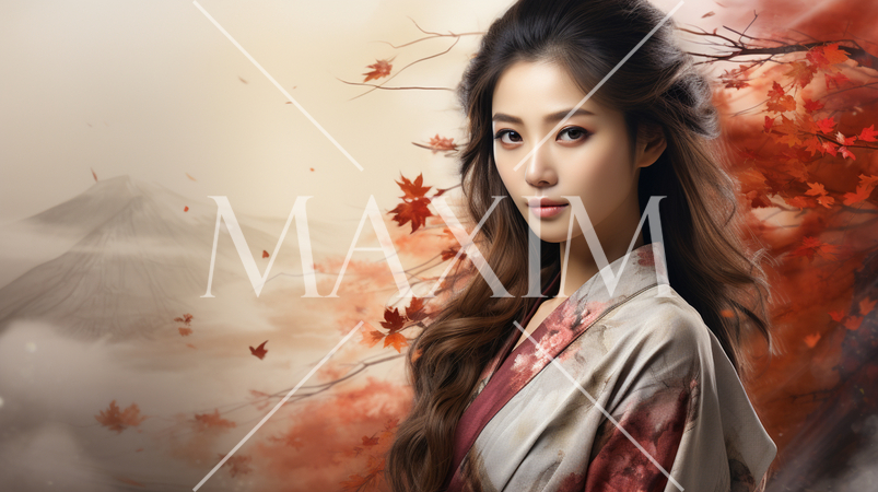 紅葉と着物姿の女性