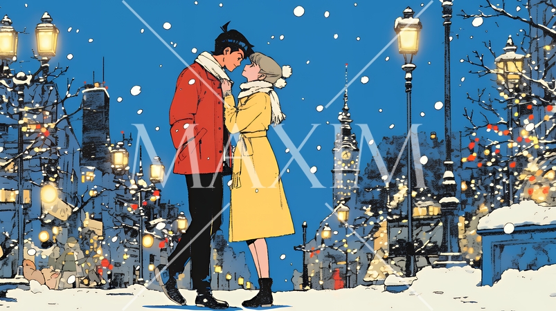 クリスマスイルミネーションの街でデートしているカップル