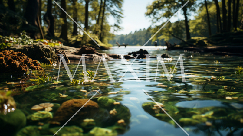 夏の森の湖の湖面から見た風景。水面には木々と空が映っている。水面の下には水草や岩についたコケも見える
