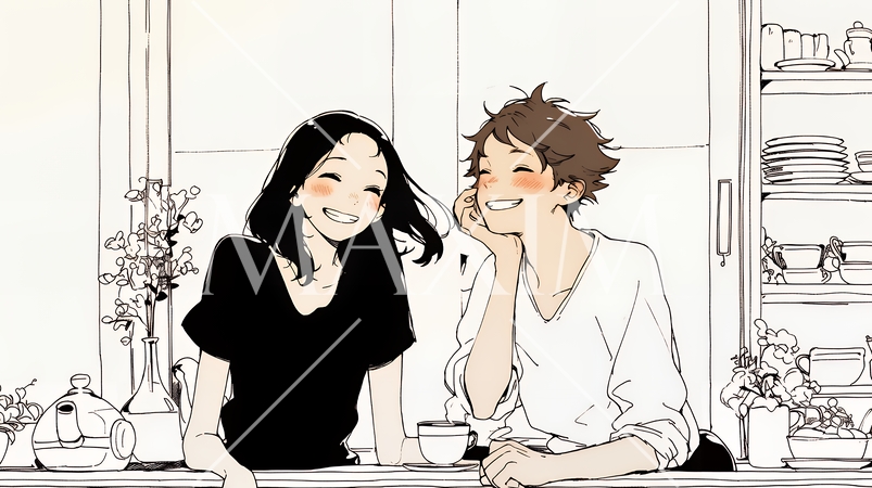 幸せそうなカップル：ダイニングルームて談笑（シンプルな色使い）