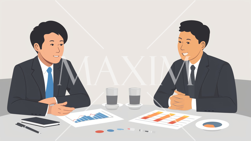 ビジネス戦略会議：競合分析、市場戦略の議論。