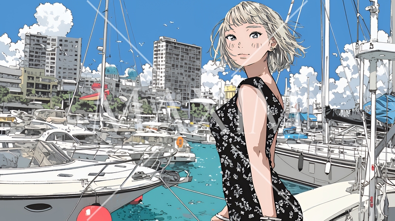 沖縄のヨットハーバーに立つ若い女性