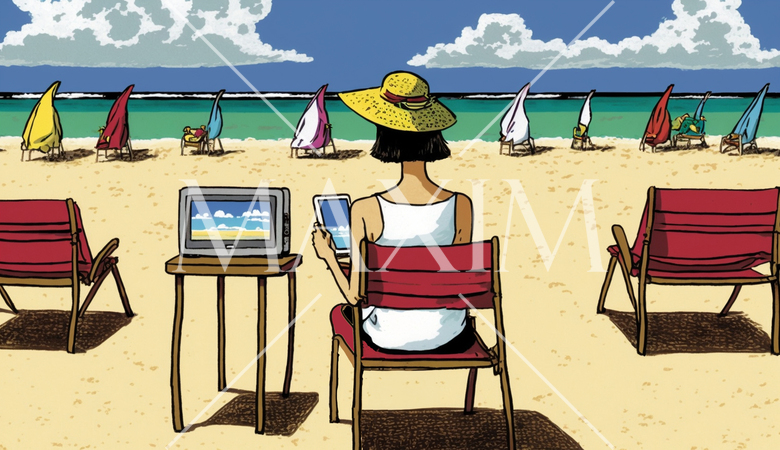 海辺のリゾートに来ているのに仕事のデジタルデバイスを手放せない女性【修整版】