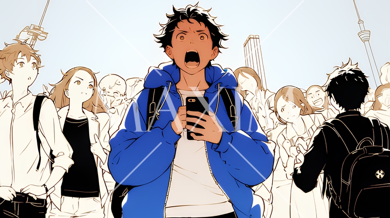 スマホの画面を見て驚いている若い男性（シンプルな色使い）