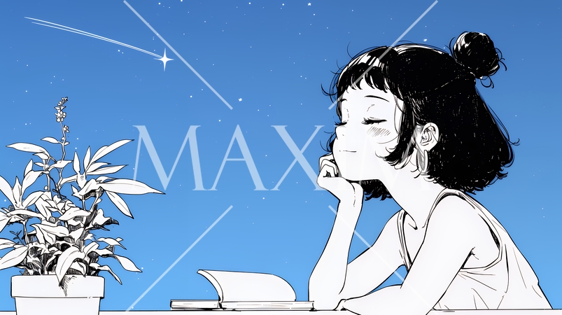 資料（本）を読みながら、うとうと眠ってしまう若い女性（シンプルな色使い）