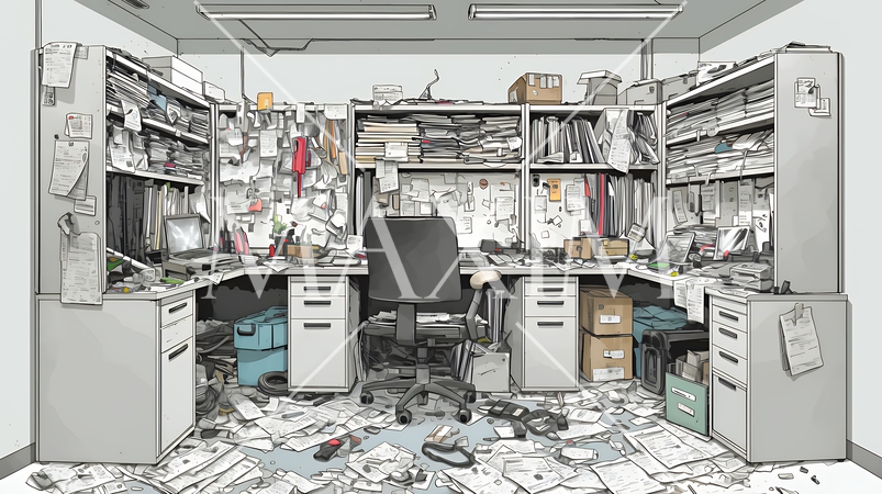足の踏み場もないような散らかった仕事場