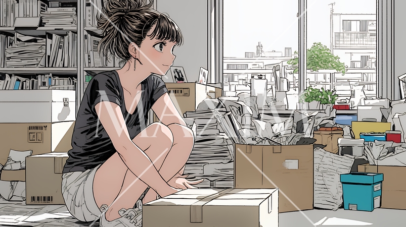 家の中（事務所）を大々的に整理している女性：断捨離