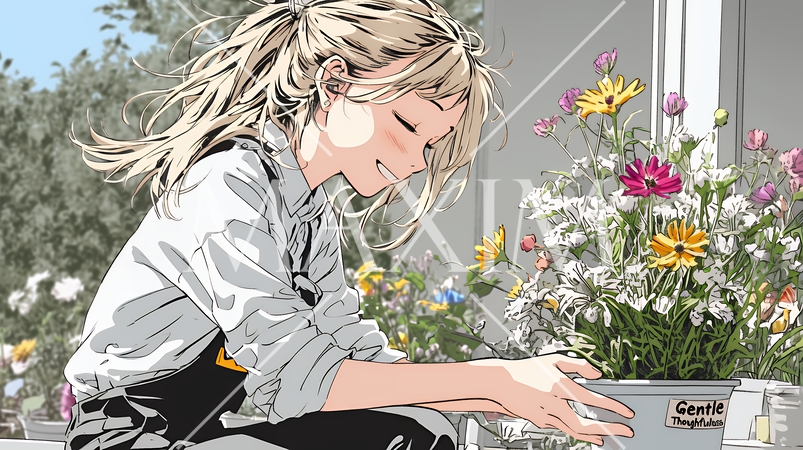 おもてなし（優しい心遣い）：来客のために花瓶に花を生ける若い女性