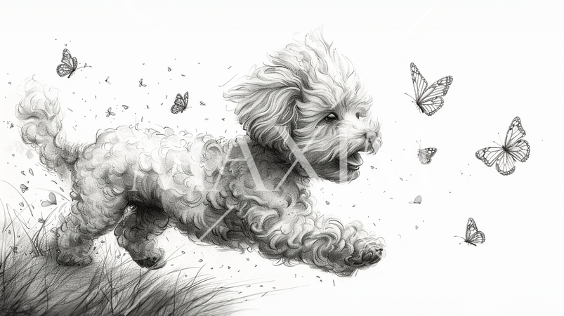 蝶と戯れるトイプードル：鉛筆画