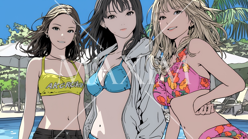 ビーチリゾートを満喫する若い女友達たち