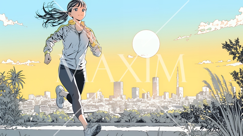 夕方の街並みを背景にジョギングをする若い女性