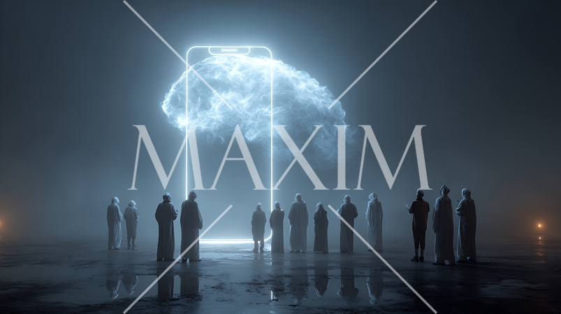 人々が抱く生成AIの抽象的なイメージ：人々が見上げる輝く脳がある