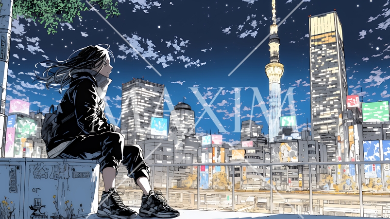 都市の夜景を眺めている女性