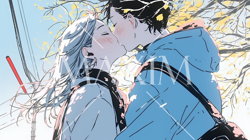 秋の紅葉の下でキスをしている若い恋人たち