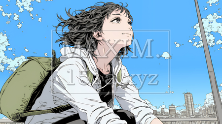 秋空を眺める若い女性のイラスト｜爽やかな秋・人物フリーイラスト（イラストID:600075-18032）