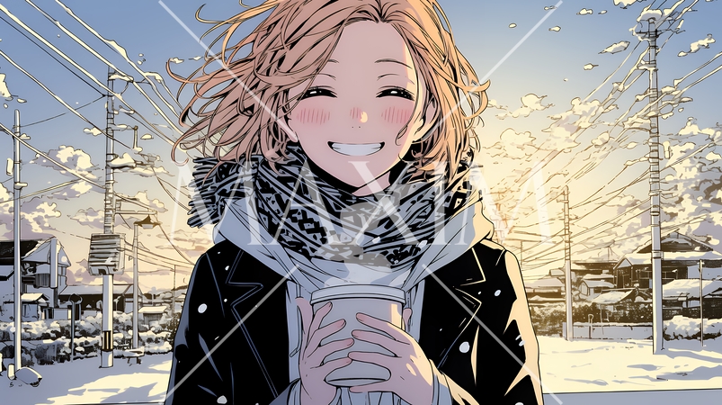 寒い冬、温かい飲み物を手にして、ふっと幸せそうに微笑む若い女性