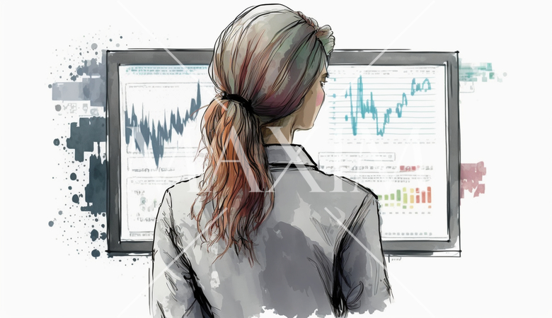 モニターに表示された株価チャートと注文画面を見つめる女性トレーダーの後ろ姿。