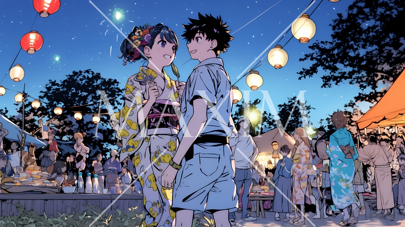 縁日屋台が立ち並び、賑わいを見せる祭りの夜