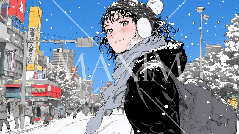 雪の積もる冬の都会を散策している若生女性