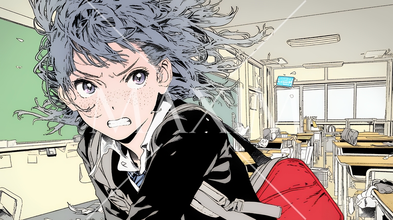 パニック状態の制服を着た女子高生