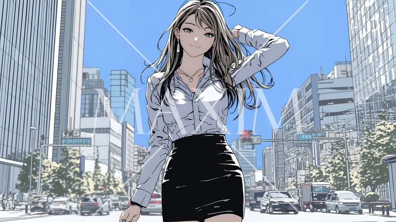 自信満々に晴天の都会の街を歩いているビジネスウーマン