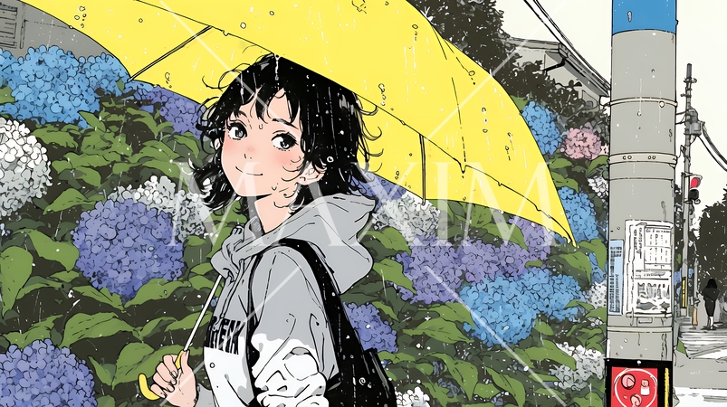 アジサイと梅雨の長雨と若い女性
