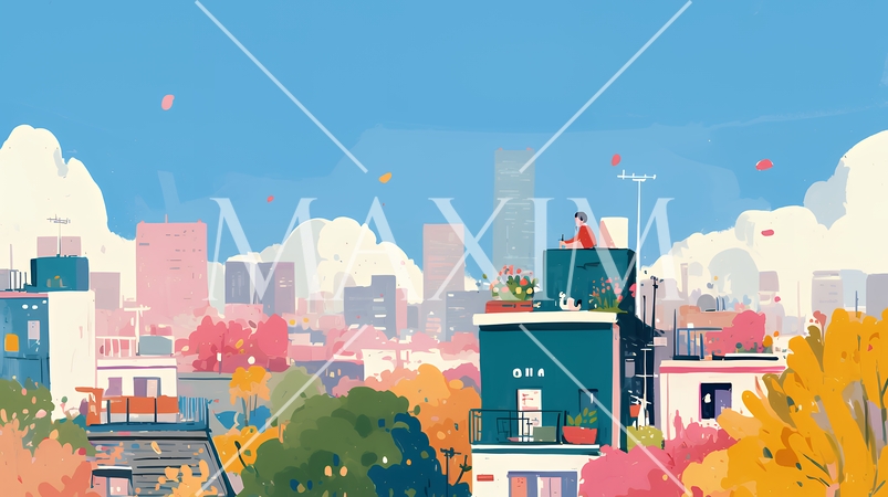 都市の町並みと青空（ポップでキュートな色使い）