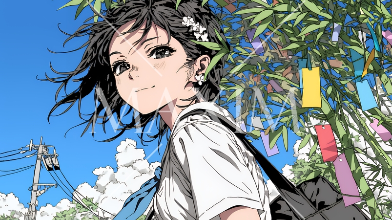 七夕飾りと制服を着た女子高生