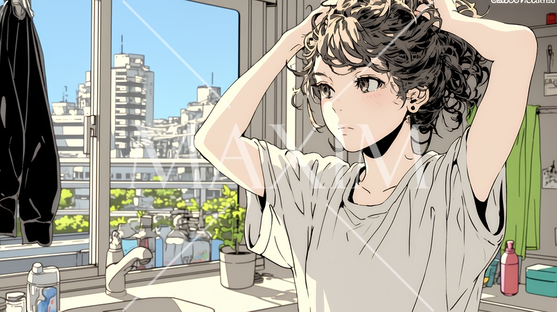 朝支度：洗面所で髪をまとめている若い女性