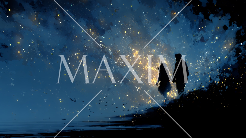 宇宙空間で二人で手を取り合う恋人たち