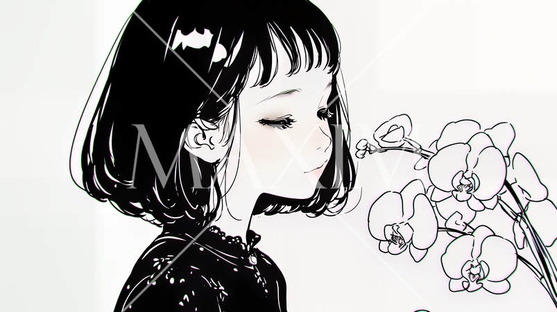 蘭の花と若い女性（シンプルな色使い）