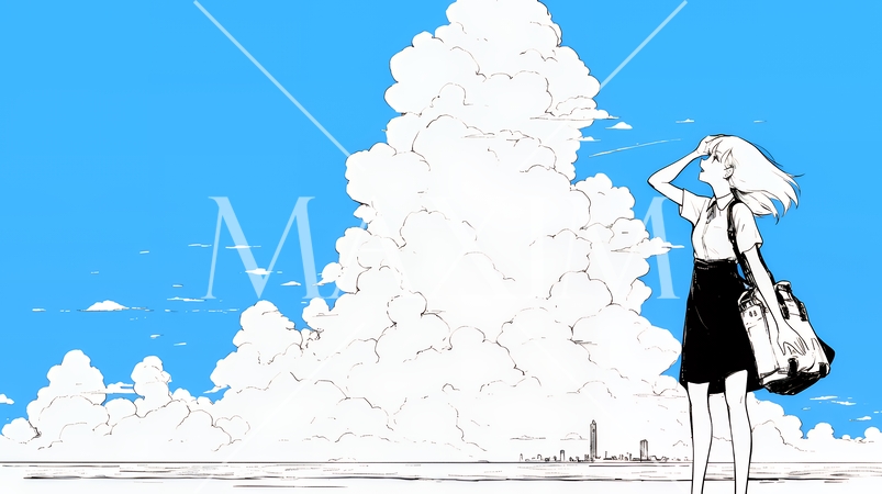 夏の海と入道雲と若い女性（シンプルな色使い）